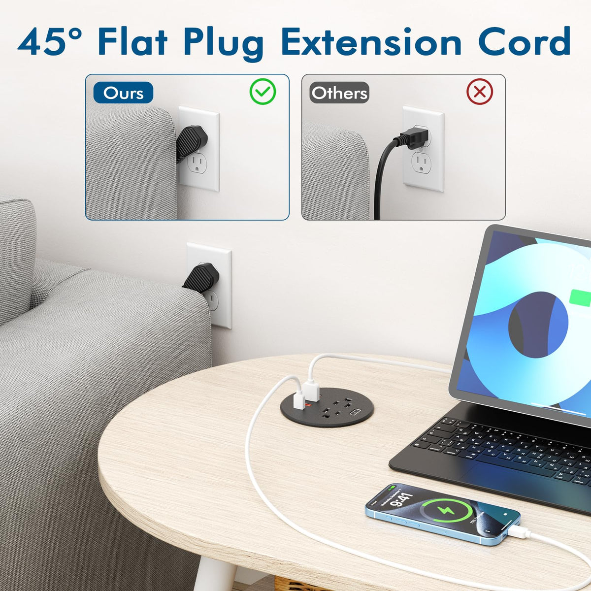 BTU grommet in-use with cables routed neatly for improved desk cable management