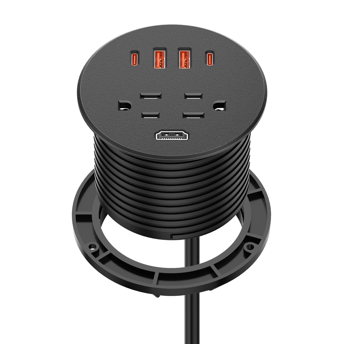 BTU desk power grommet front view showing all ports and neat layout for organized charging