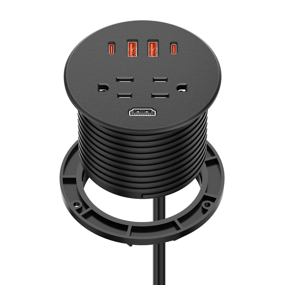 BTU desk power grommet front view showing all ports and neat layout for organized charging