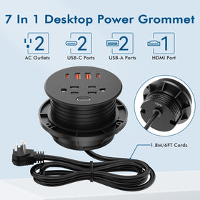 BTU grommet installed on a conference table supporting devices and HDMI display