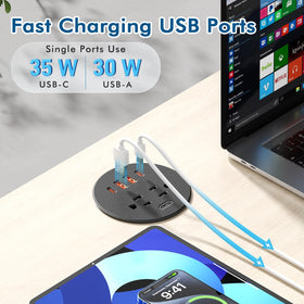 BTU USB-C port close-up illustrating 35W fast charging for phones and tablets
