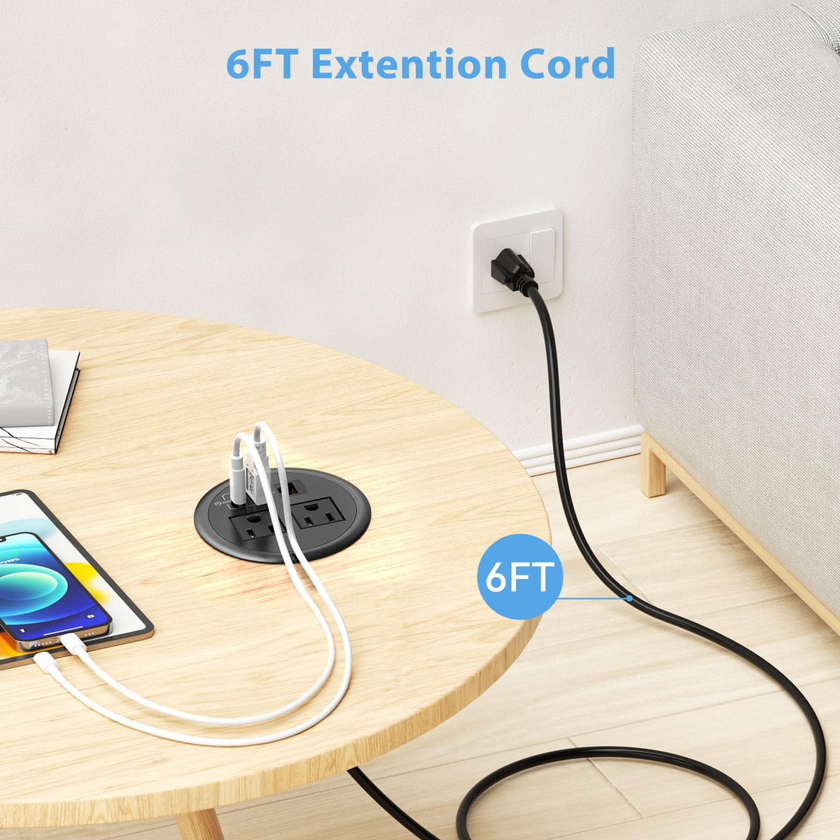 BTU lifestyle office desk setup illustrating tidy power, Ethernet and device charging