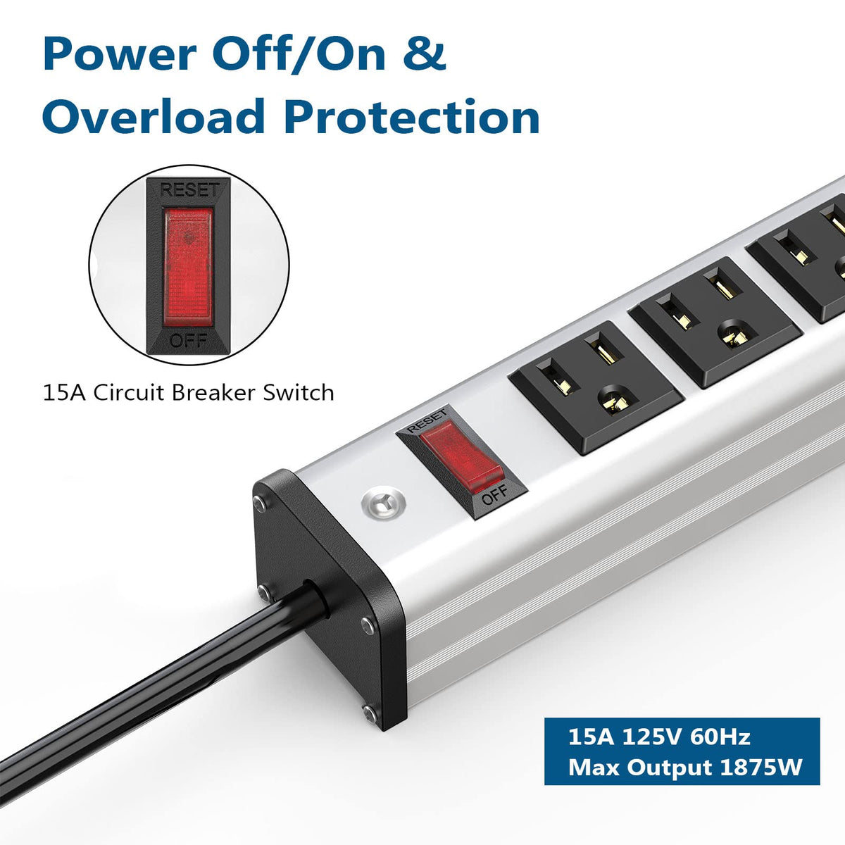 BTU power strip mounted on workbench for neat, accessible power distribution