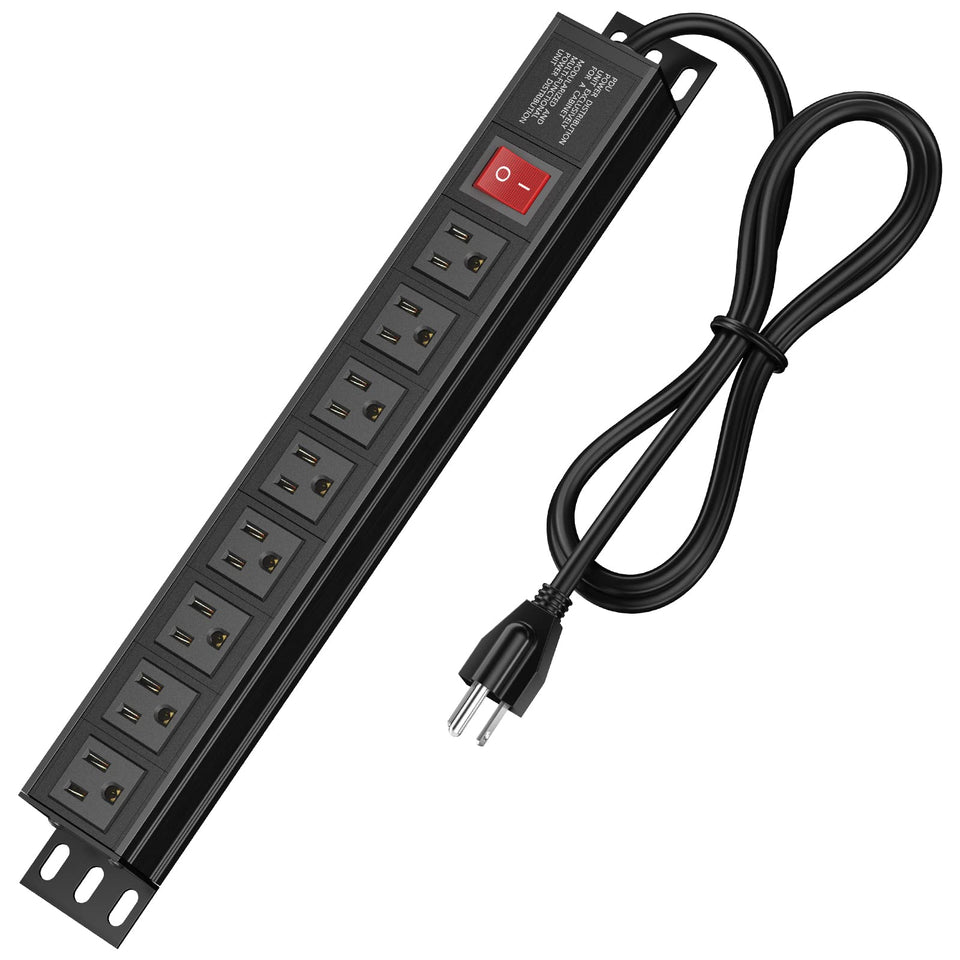 BTU power strip front view showing eight outlets and durable metal shell for lasting use