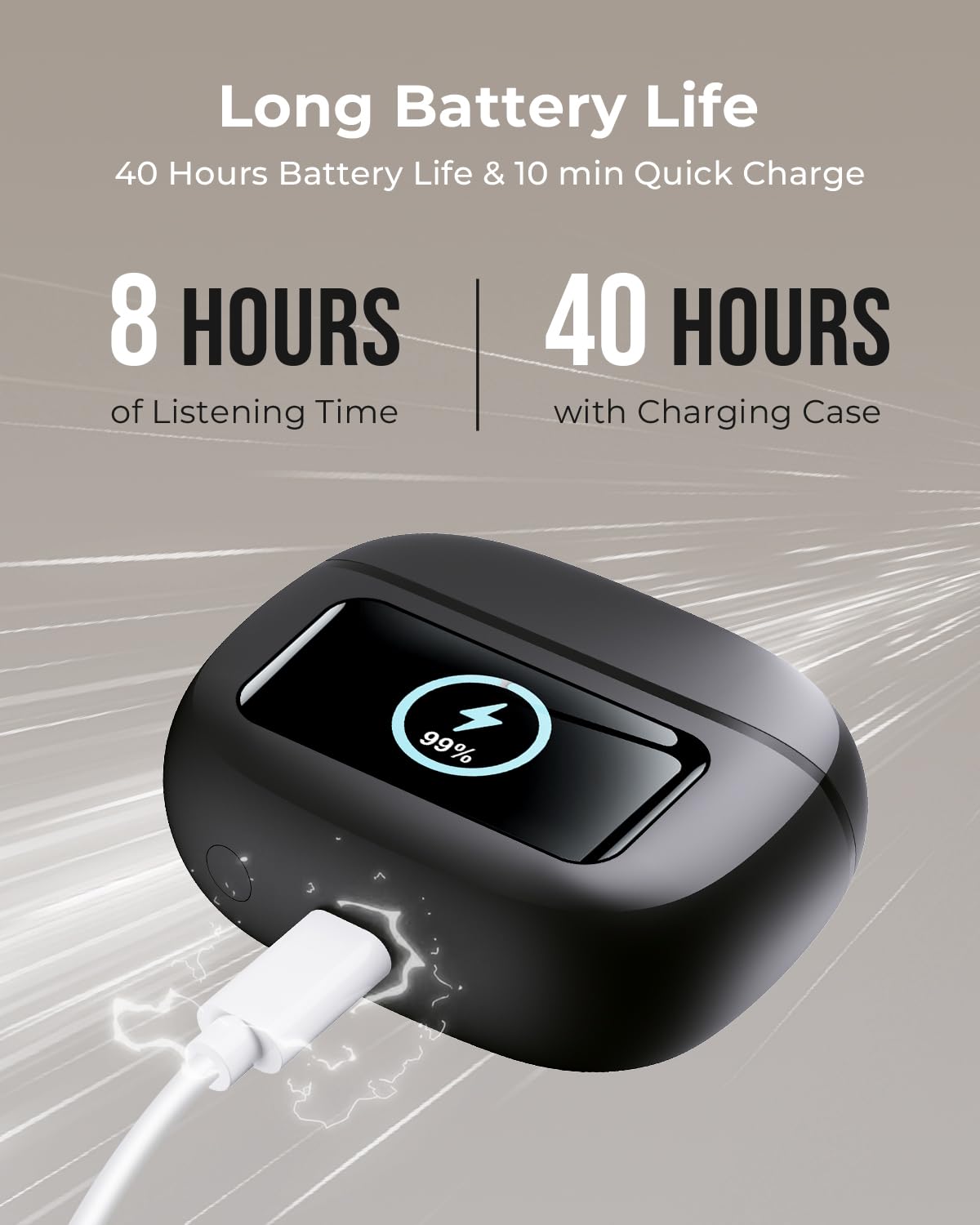 Bucephalus charging case open with LED readout, supports long playtime