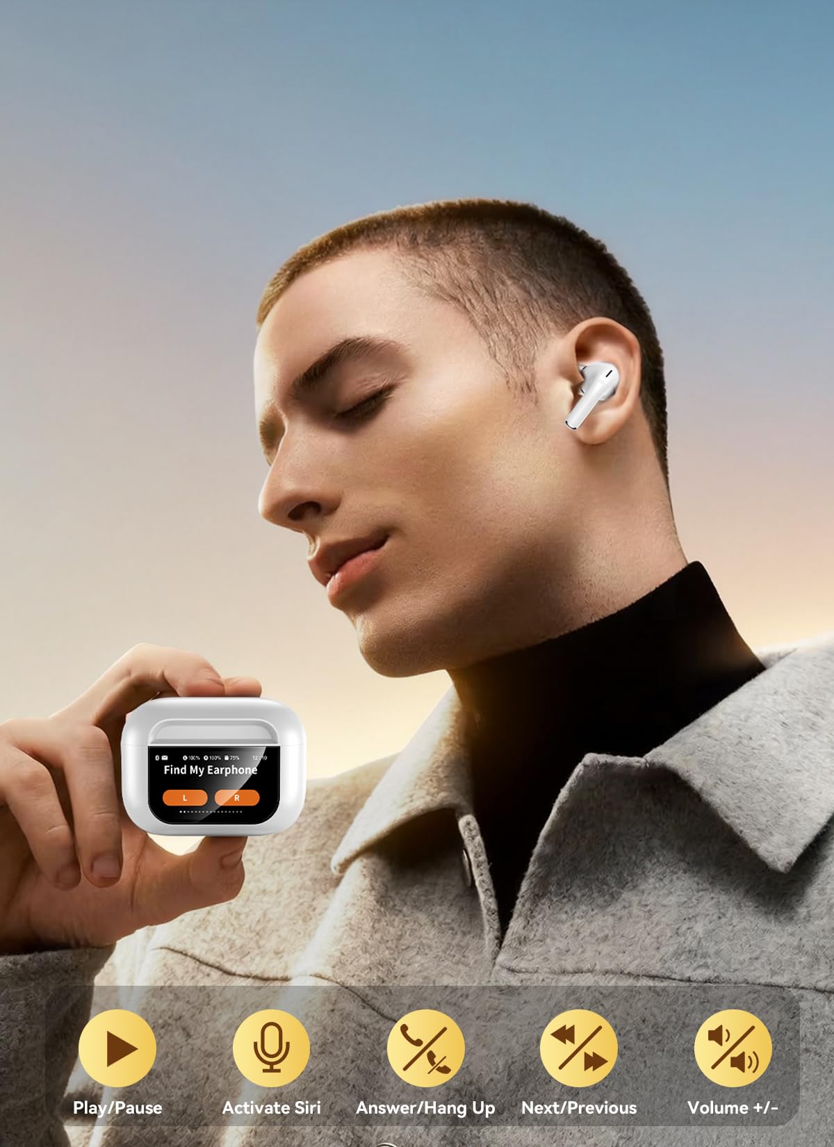Bucephalus earbuds compatible with iPhone and Android devices.