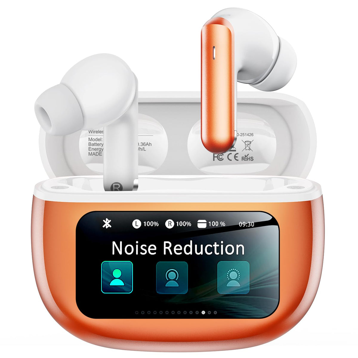 Bucephalus wireless earbuds with smart case display showing battery level