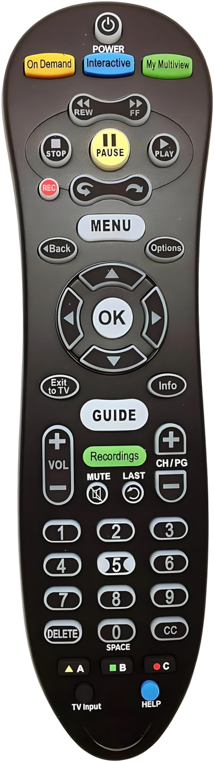 BUCK TAPE AT&T S30-S1B remote front view with backlit keys for easy nighttime setup.
