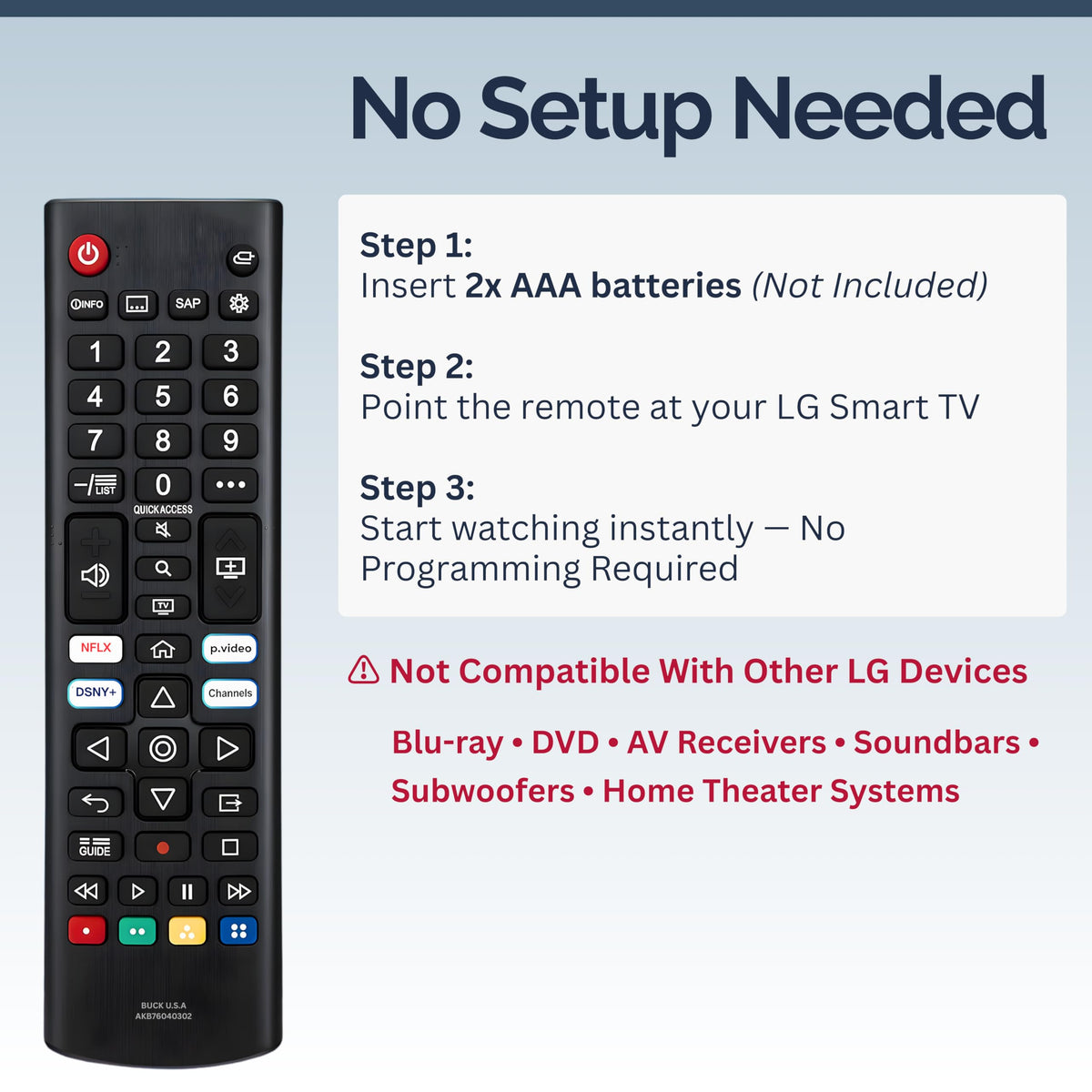 BUCK U.S.A remote positioned beside LG TV showing compatibility and convenience