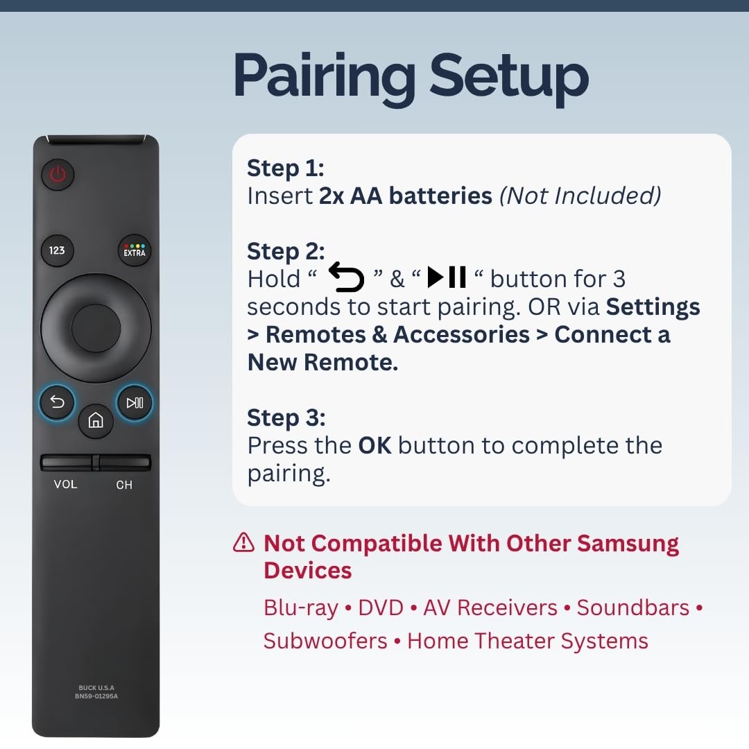 BUCK U.S.A remote in use on sofa controlling Samsung TV for convenient living-room use