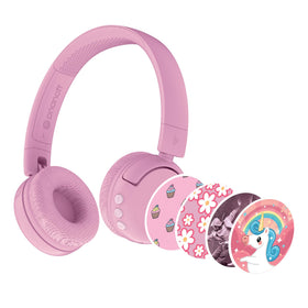 BuddyPhones POP Fun pink foldable headphones shown for focused study and safe listening.
