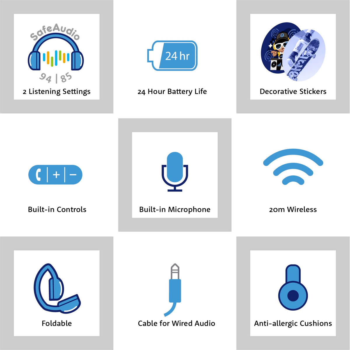 Volume limiter feature at 85 and 94 dB for adjustable listening levels