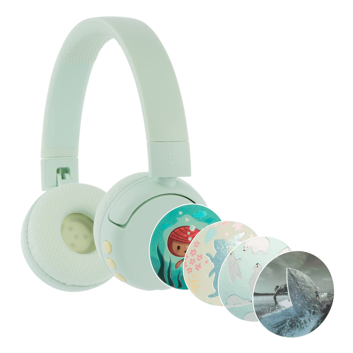 BuddyPhones POP Fun green folded headphones for easy travel and storage.