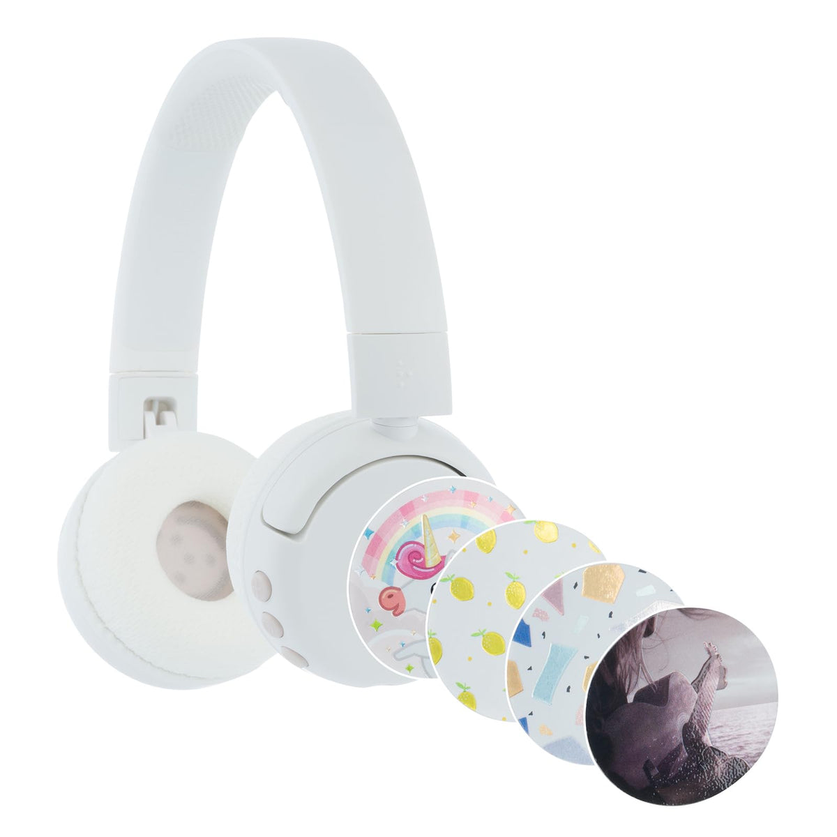 BuddyPhones POP Fun hypoallergenic ear cups for comfortable all-day wear.