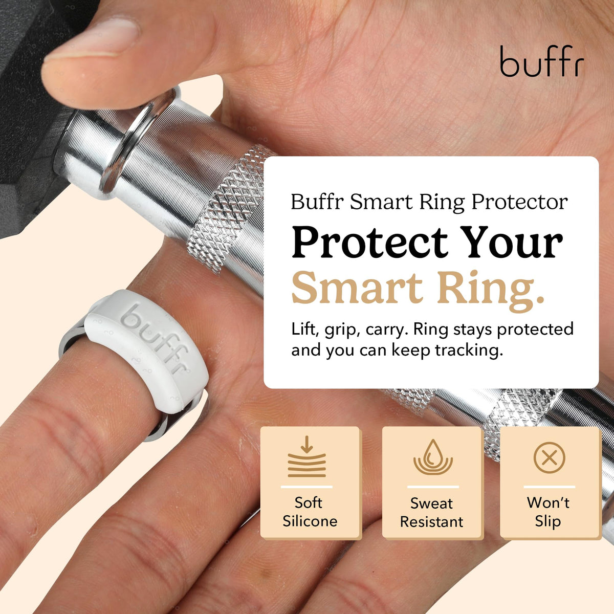 BUFFR installed on Oura ring demonstrating secure fit and sensor-friendly benefit