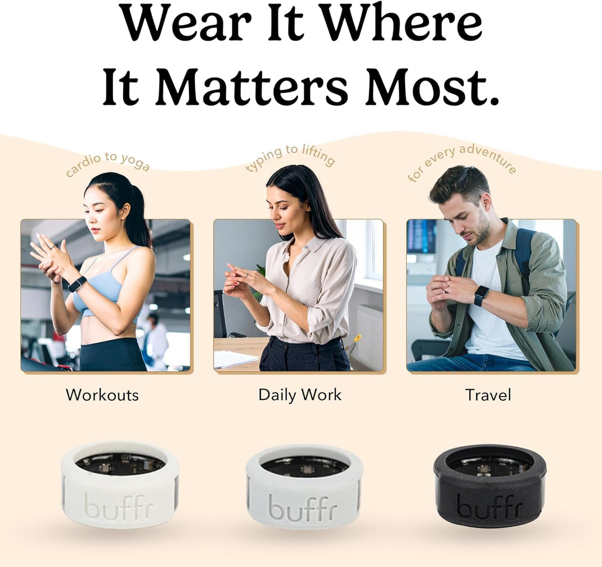 BUFFR on a finger beside a ruler showing size 9 scale and slim profile