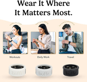 BUFFR on a finger beside a ruler showing size 9 scale and slim profile