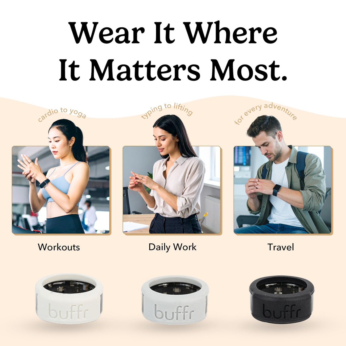 BUFFR next to ruler showing size 13 scale and precise fit benefit