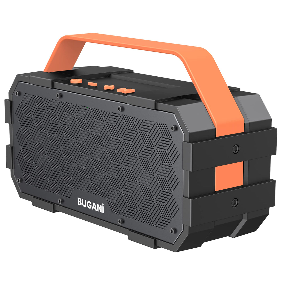 BUGANI 30W stereo speaker front view shows crisp highs and strong bass.