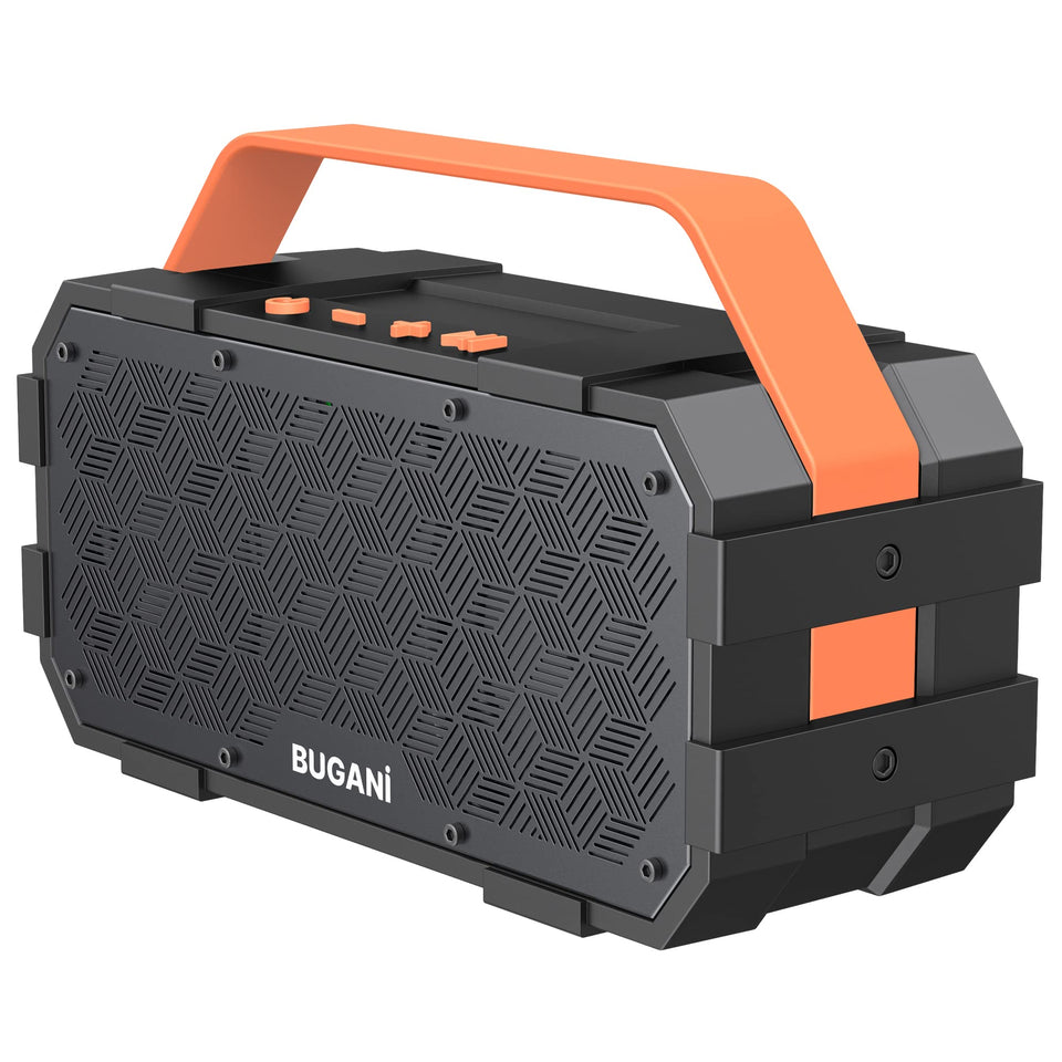 BUGANI 30W stereo speaker front view shows crisp highs and strong bass.