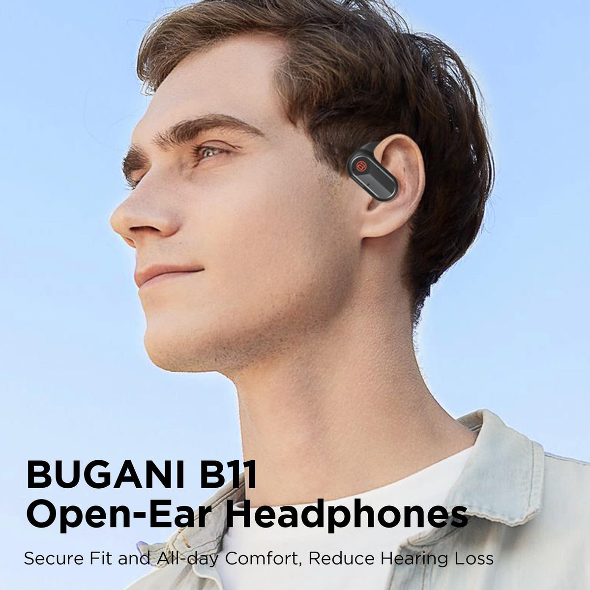 BUGANI earbuds worn by runner demonstrating secure fit and awareness