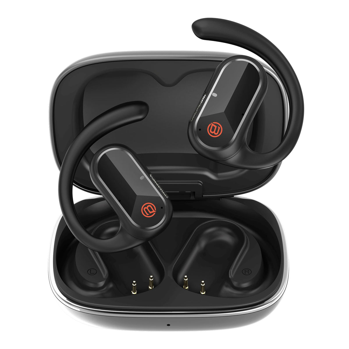 BUGANI front view of open-ear earbuds showing design and fit benefit