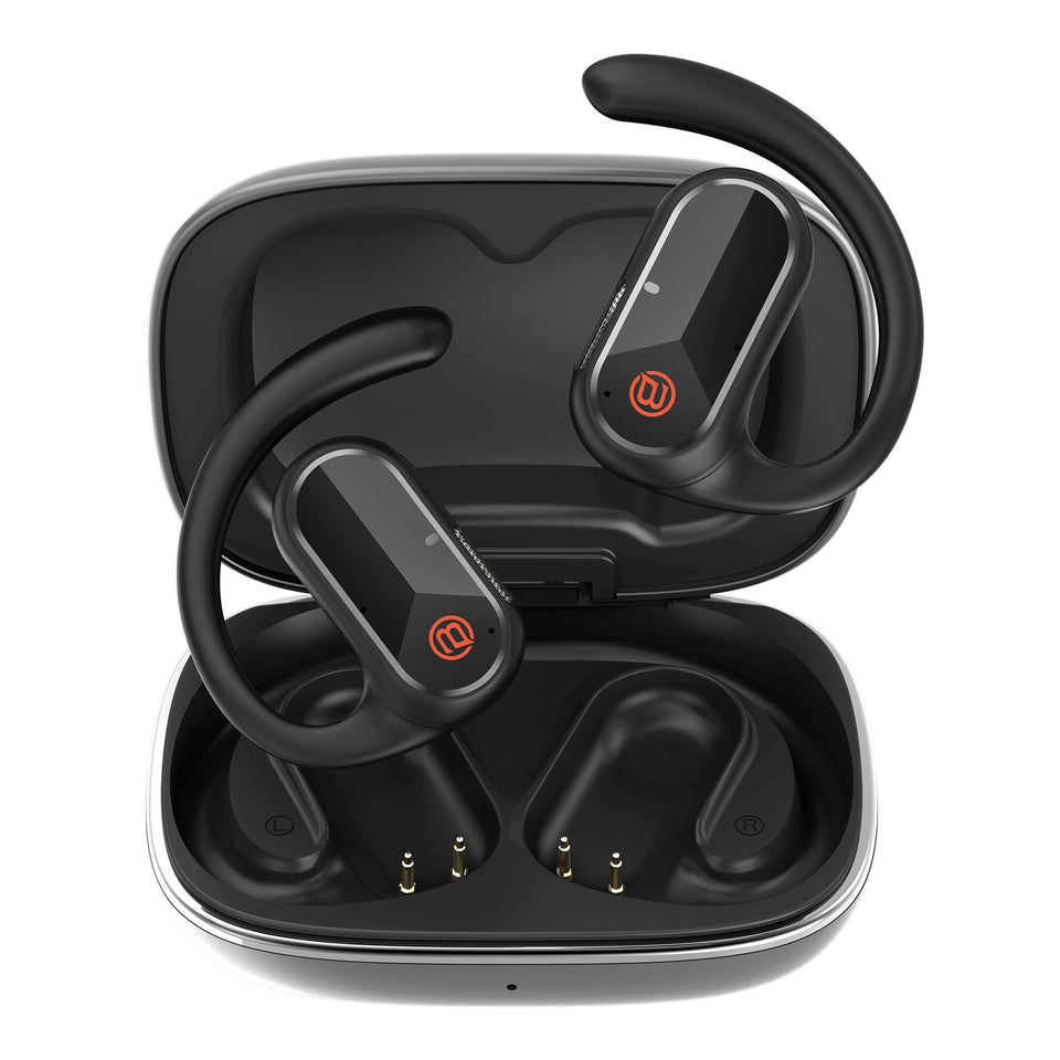 BUGANI front view of open-ear earbuds showing design and fit benefit