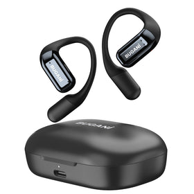 BUGANI headphones front packaging showing features and benefit of long playtime
