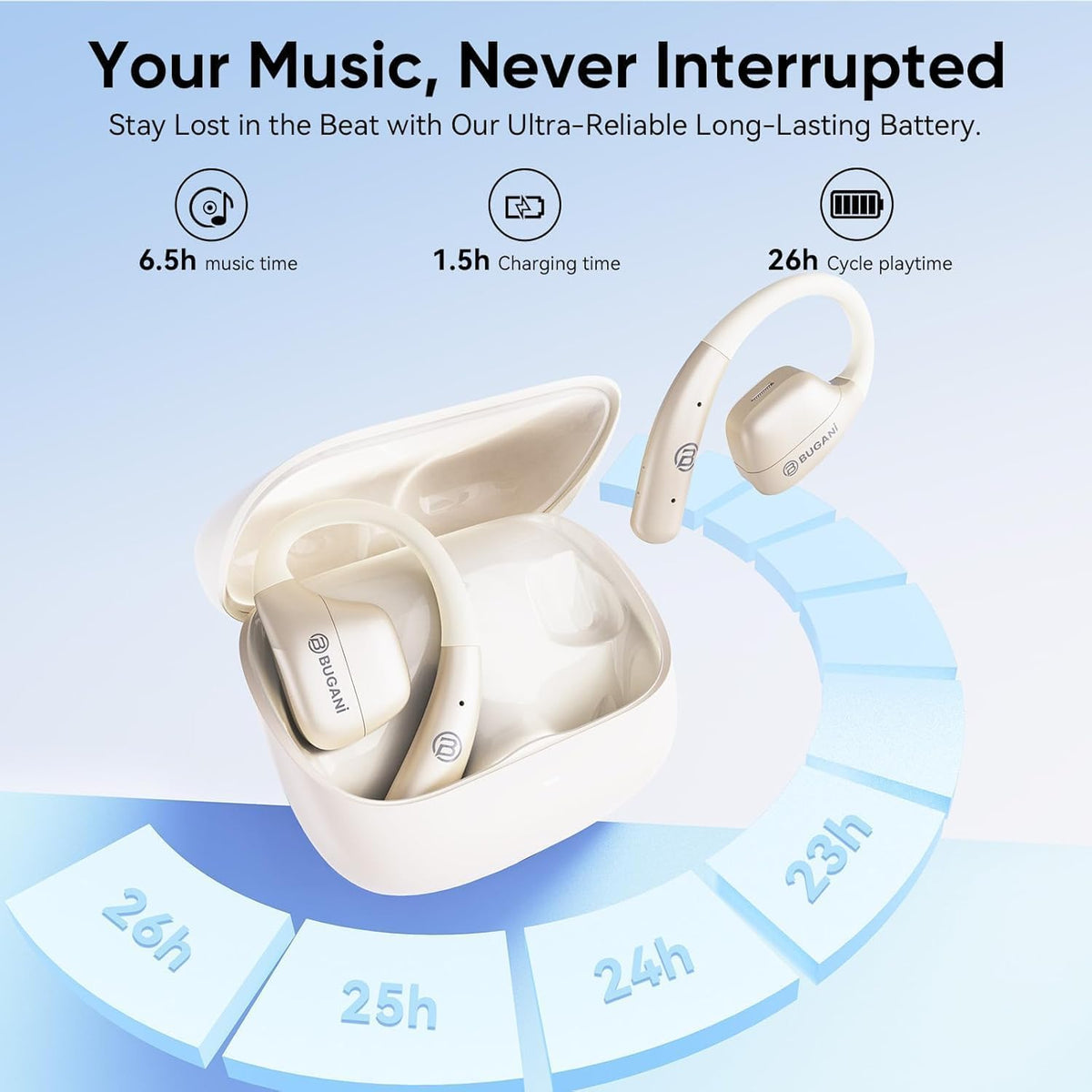 BUGANI charging case beside earbuds showing compact pocket-friendly scale