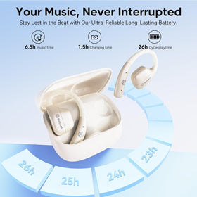 BUGANI charging case beside earbuds showing compact pocket-friendly scale