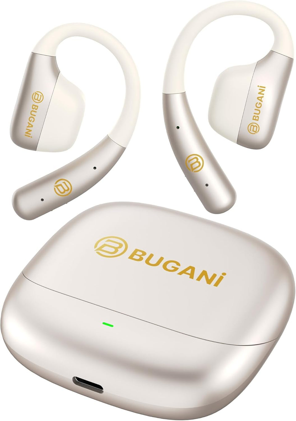 BUGANI front view of white open-ear earbuds showing sleek design and portability