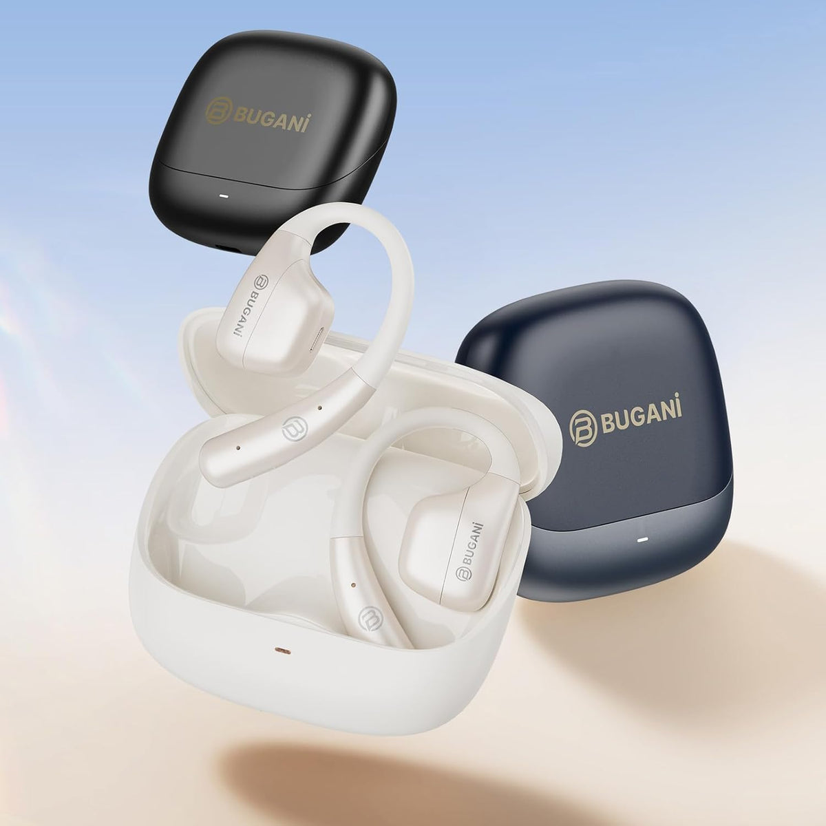 BUGANI earbuds with water droplets indicating IPX5 sweat and splash protection