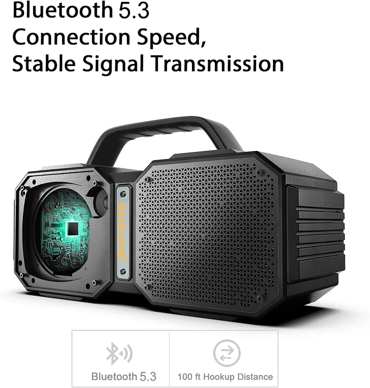BUGANI Shock held in hand to show compact size and portable convenience