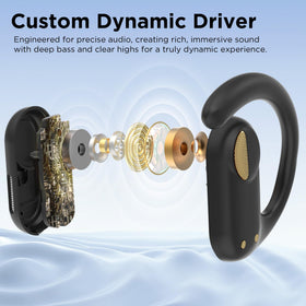 BUGANI earbuds with water splash showing IPX5 sweat protection benefit