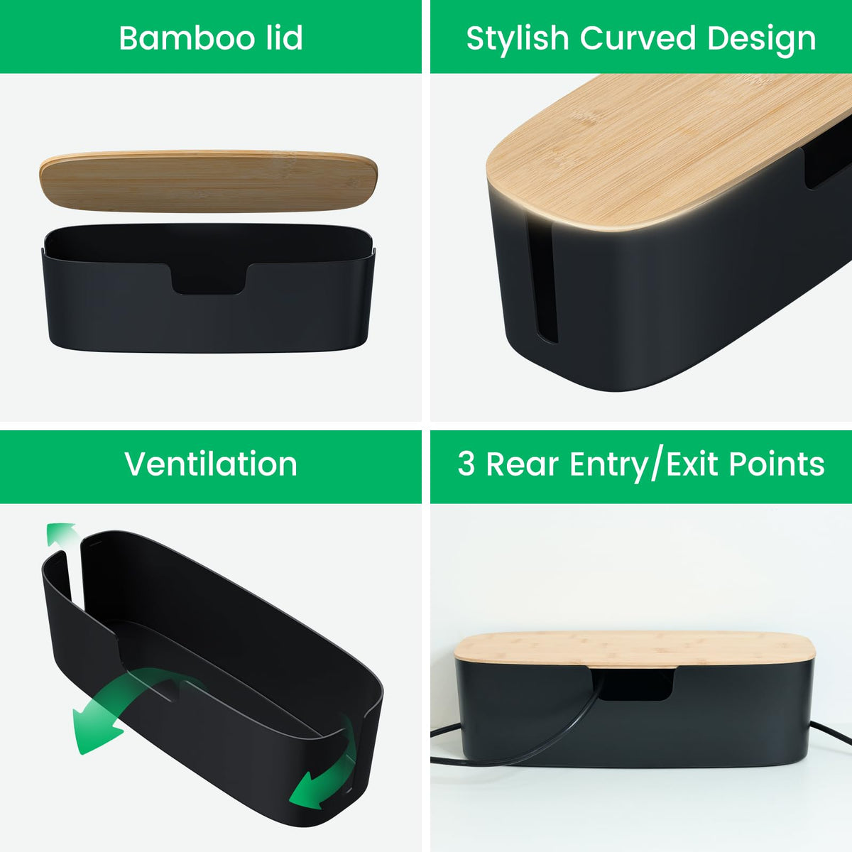 Bukuwa under-desk cable management box neatly conceals power strips.