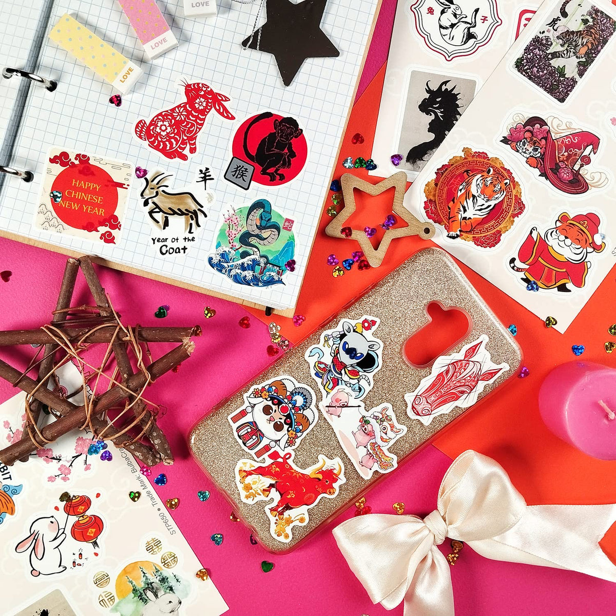 BulbaCraft Chinese zodiac stickers on a diary, decorative and expressive.