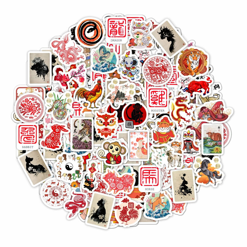 BulbaCraft Chinese Zodiac stickers on a water bottle, waterproof and vibrant.