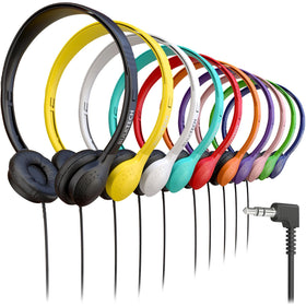Bulktech 10-pack wired on-ear headphones closeup, ideal for classrooms and travel.