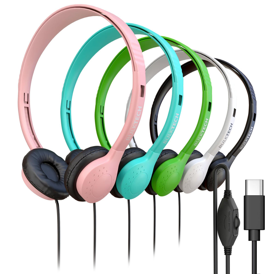 Bulktech 5-pack wired USB-C on-ear headphones with leather cushions for classroom use and meetings