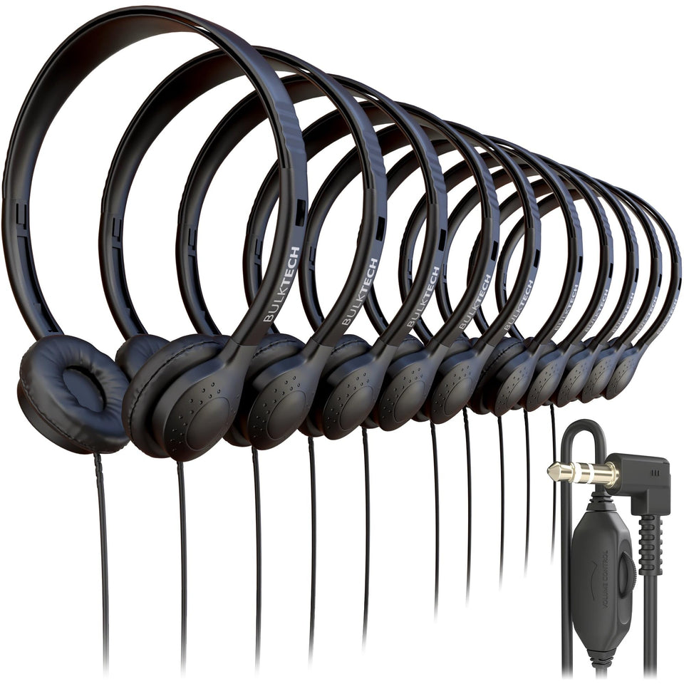 Bulktech bulk wired on-ear headphones in black with comfortable cushions for daily study and travel