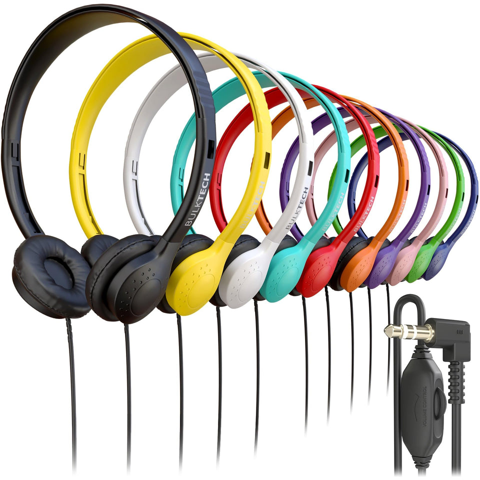 Bulktech on-ear leather headphones in packaging for bulk wholesale use