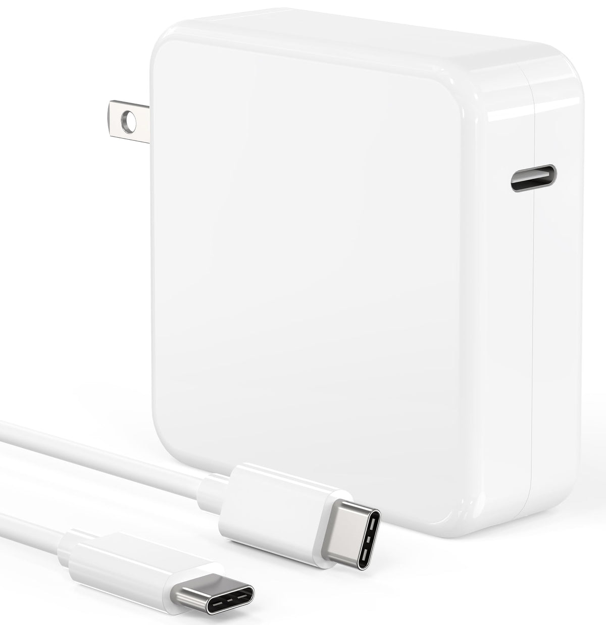Bull-Tech 100W USB-C charger with foldable plug powering MacBook Pro and other devices.