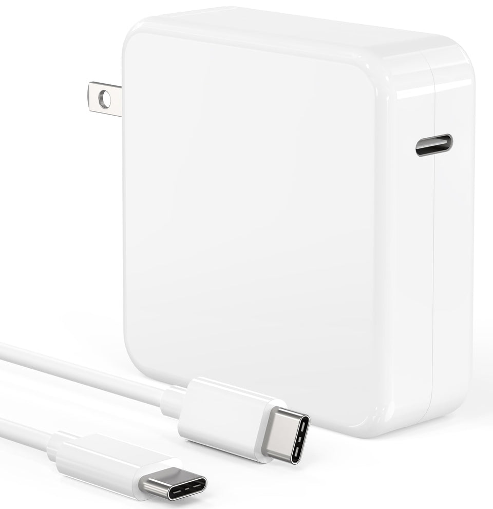 Bull-Tech 100W USB-C charger with foldable plug powering MacBook Pro and other devices.
