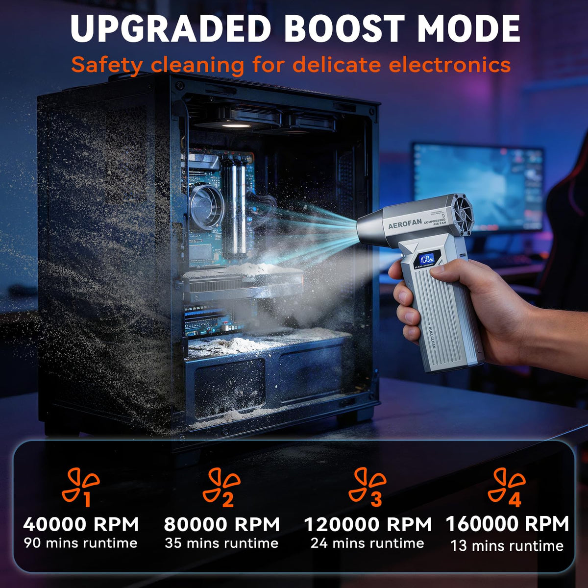 Bullclean air duster shows LED display and USB-C charging for real-time power readout.