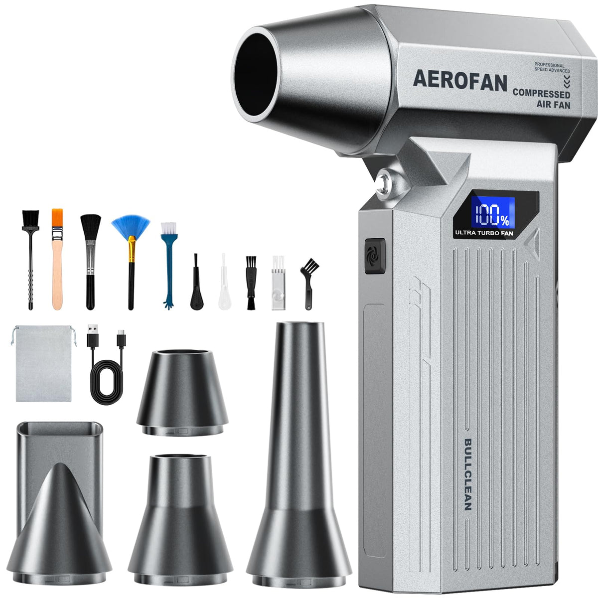 Bullclean compressed air duster with 160k rpm and LED light for precise cleaning.