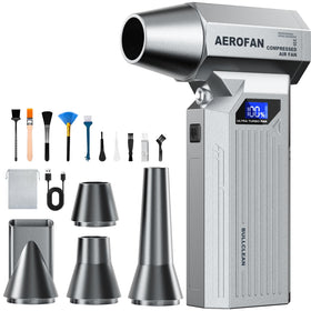 Bullclean compressed air duster with 160k rpm and LED light for precise cleaning.
