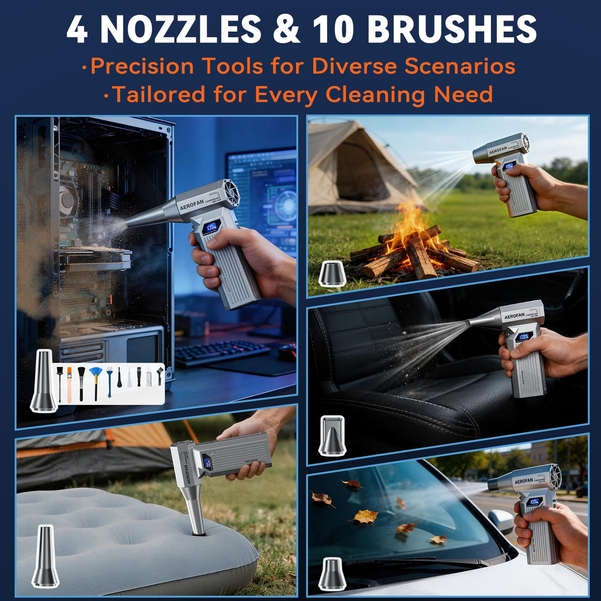 Bullclean nozzle kit demonstrates versatile attachments for keyboards, vents, and cars.