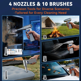 Bullclean nozzle kit demonstrates versatile attachments for keyboards, vents, and cars.