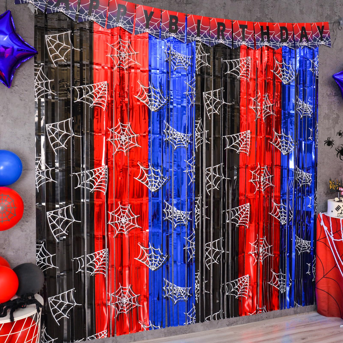 Bupelo spider web curtain doorway backdrop for instant party vibe.