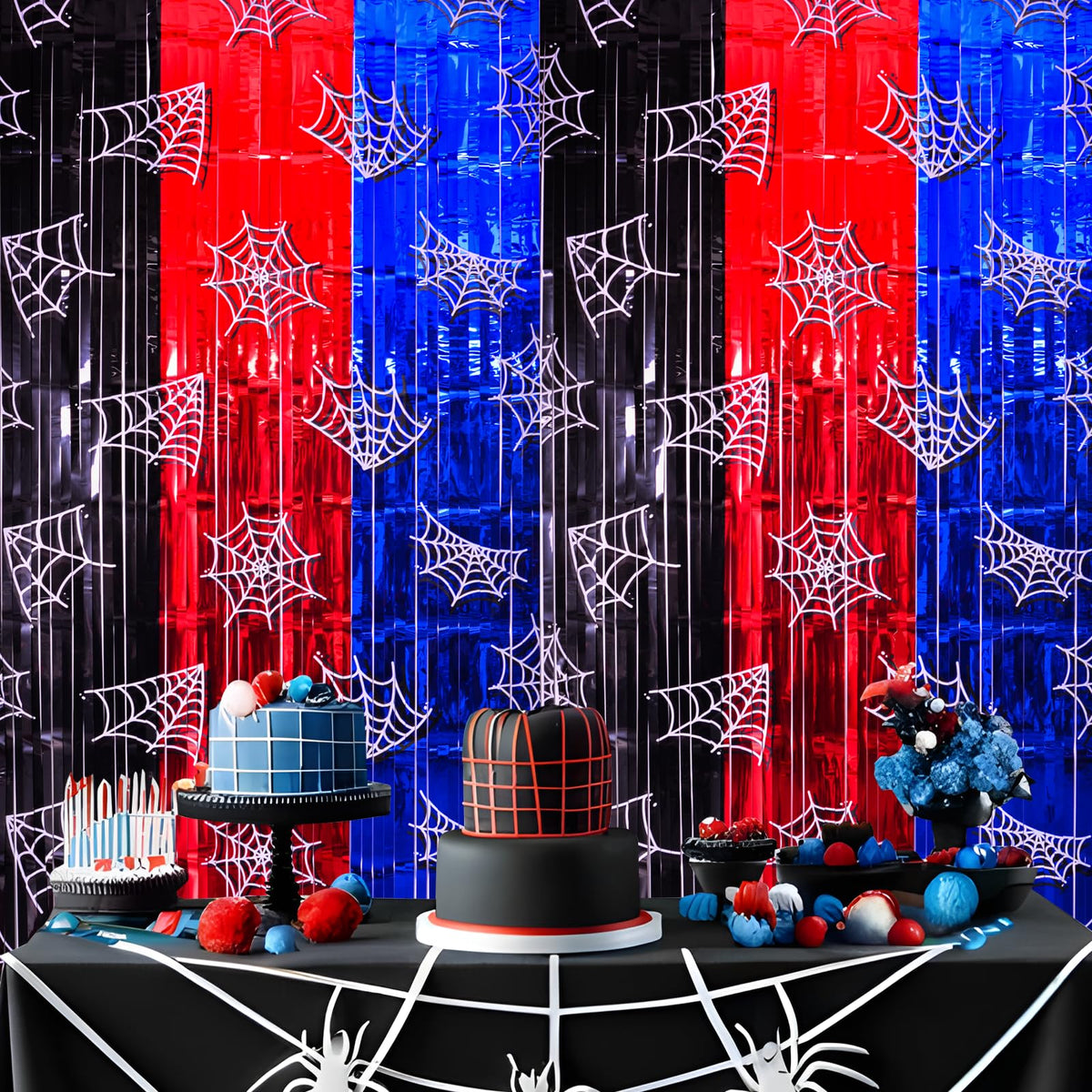 Bupelo spider web curtain blue variant adds room color.